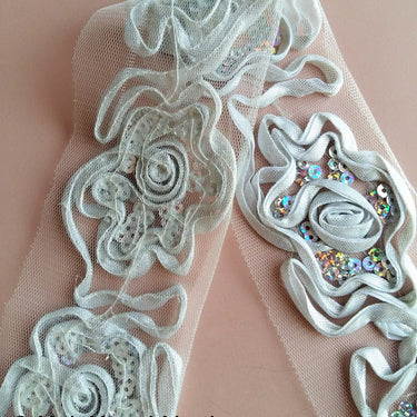 Silver Rose Lace Trim With Silver Sequins, Approx. 65mm Wide - 200317L141
